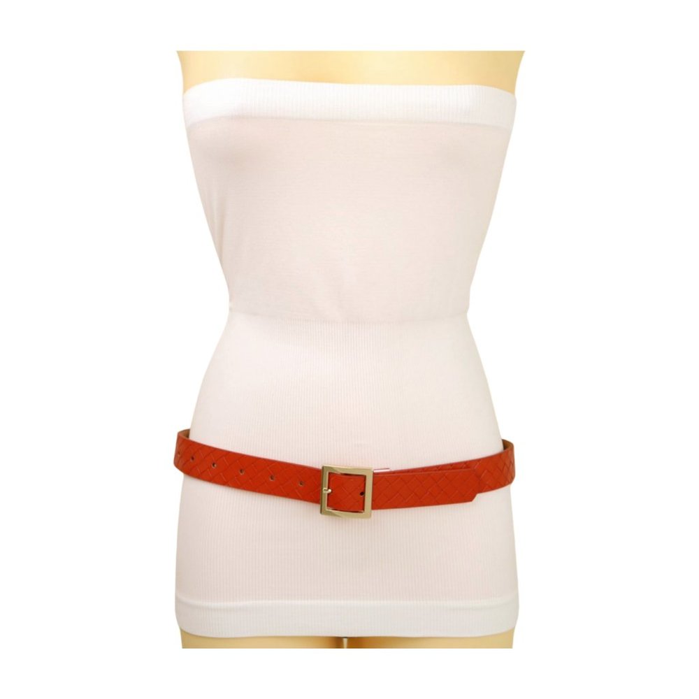 Women Orange Color Basket Weave Skinny Belt Gold Metal Square Buckle Size S M - Picture 8 of 17